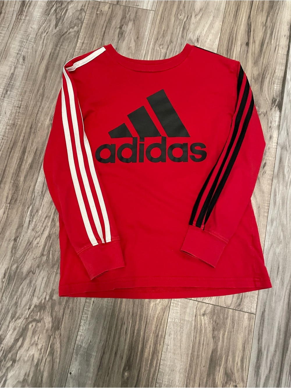 Adidas Boys Youth Red Long Sleeve 3 Stripe Logo Shirt (S)